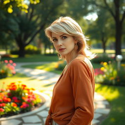 A sexy Russian woman aged 45-50 with a trendy and stylish hairstyle that highlights her beauty