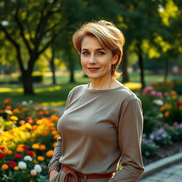 A sexy Russian woman aged 45-50 with a trendy and stylish hairstyle that highlights her beauty