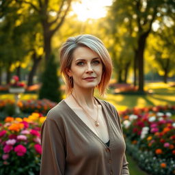 A sexy Russian woman aged 45-50 with a trendy and stylish hairstyle that highlights her beauty