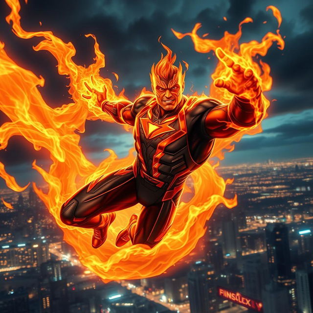 A powerful fire superhero soaring through the skies, engulfed in brilliant flames