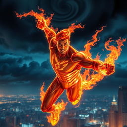 A powerful fire superhero soaring through the skies, engulfed in brilliant flames