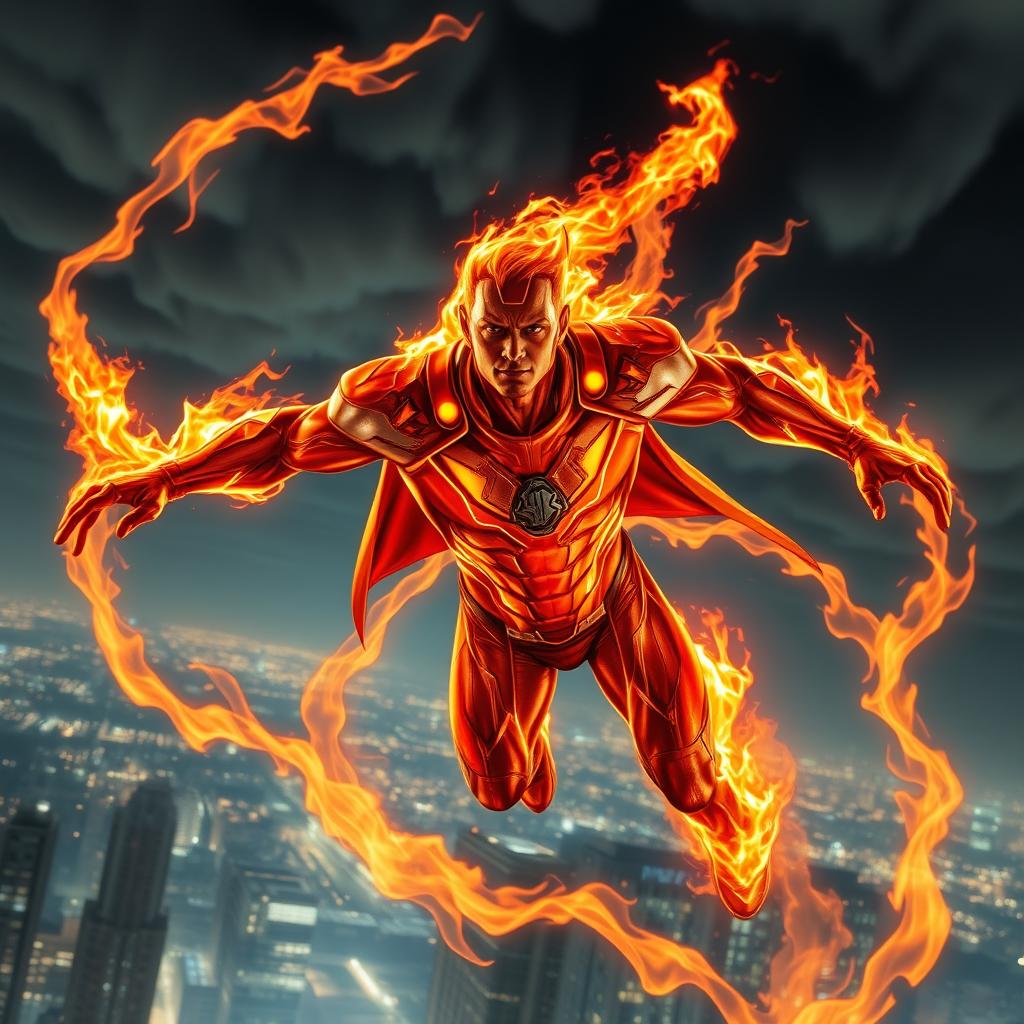 A powerful fire superhero soaring through the skies, engulfed in brilliant flames