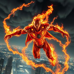 A powerful fire superhero soaring through the skies, engulfed in brilliant flames