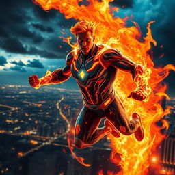 A powerful fire superhero soaring through the skies, engulfed in brilliant flames