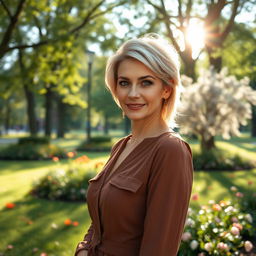A sexy Russian woman aged 45-50 with a fashionable and modern hairstyle that accentuates her attractive features