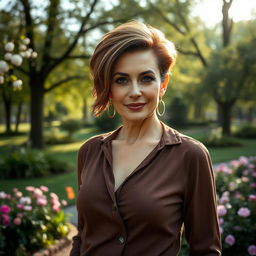 A sexy Russian woman aged 45-50 with a fashionable and modern hairstyle that accentuates her attractive features