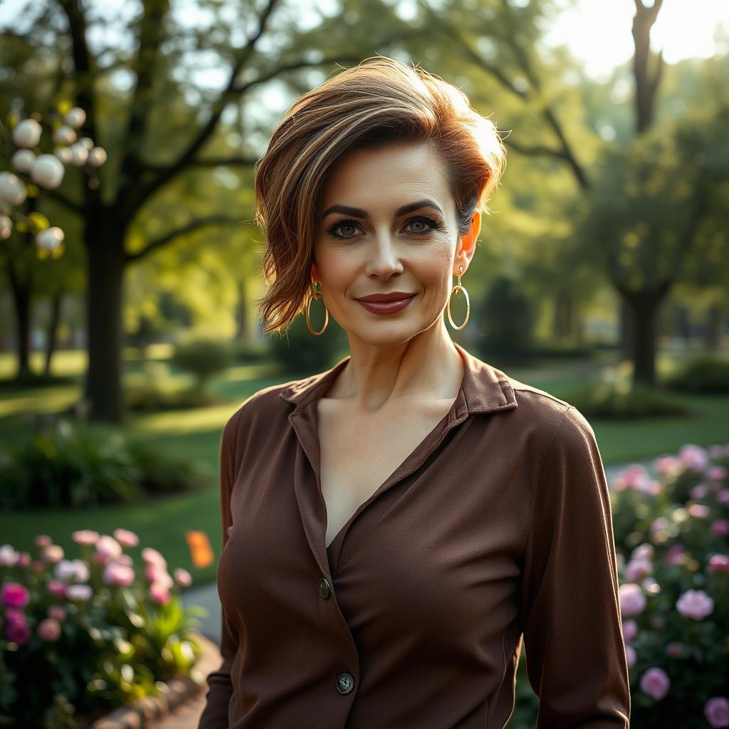 A sexy Russian woman aged 45-50 with a fashionable and modern hairstyle that accentuates her attractive features