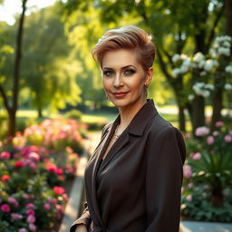 A sexy Russian woman aged 45-50 with a fashionable and modern hairstyle that accentuates her attractive features