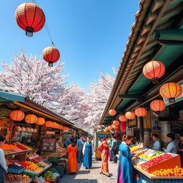 A vibrant Korean street market scene, bustling with energy and color