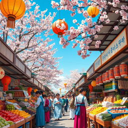A vibrant Korean street market scene, bustling with energy and color