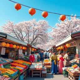 A vibrant Korean street market scene, bustling with energy and color