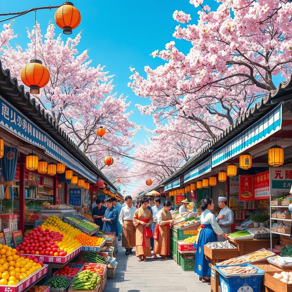 A vibrant Korean street market scene, bustling with energy and color