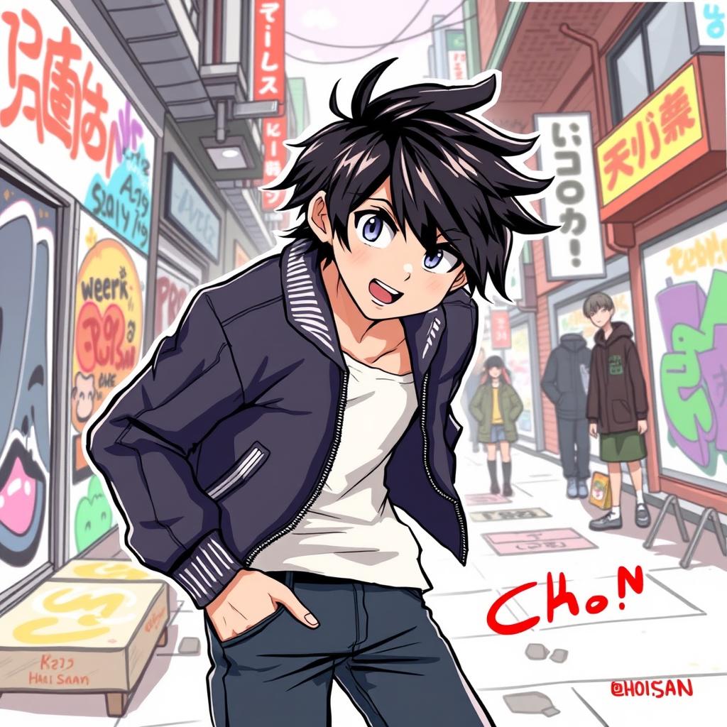 A dynamic and stylish illustration of a character named Choi San, depicted as a young adult with an energetic expression