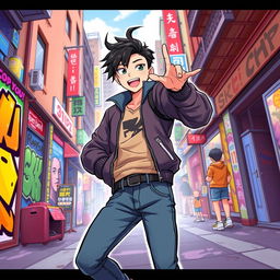 A dynamic and stylish illustration of a character named Choi San, depicted as a young adult with an energetic expression