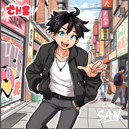 A dynamic and stylish illustration of a character named Choi San, depicted as a young adult with an energetic expression