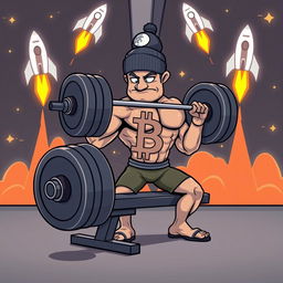 A muscular character resembling Pepe, lifting an Olympic barbell on a flat bench in a gym setting