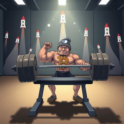 A muscular character resembling Pepe, lifting an Olympic barbell on a flat bench in a gym setting