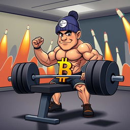A muscular character resembling Pepe, lifting an Olympic barbell on a flat bench in a gym setting