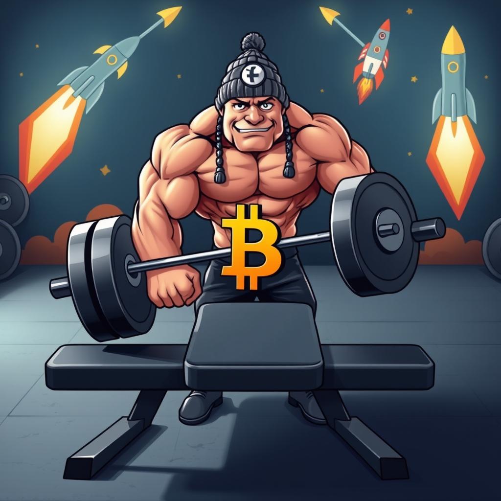 A muscular character resembling Pepe, lifting an Olympic barbell on a flat bench in a gym setting