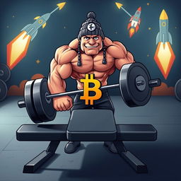 A muscular character resembling Pepe, lifting an Olympic barbell on a flat bench in a gym setting