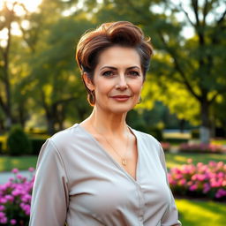 A sexy Russian woman aged 45-50 with a fashionable and elegant hairstyle that complements her features beautifully