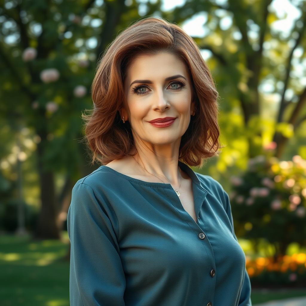 A sexy Russian woman aged 45-50 with a fashionable and elegant hairstyle that complements her features beautifully