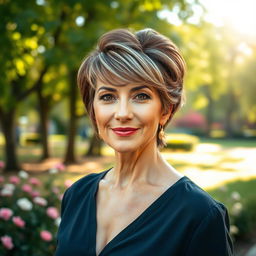 A sexy Russian woman aged 45-50 with a fashionable and elegant hairstyle that complements her features beautifully