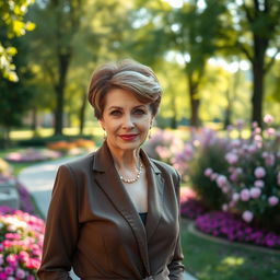A sexy Russian woman aged 45-50 with a chic and fashionable hairstyle that enhances her features