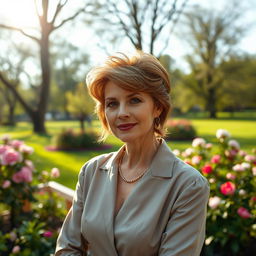 A sexy Russian woman aged 45-50 with a chic and fashionable hairstyle that enhances her features
