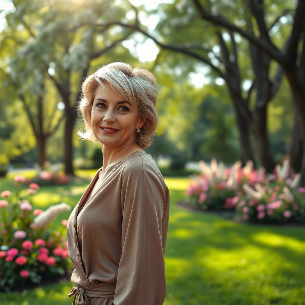 A sexy Russian woman aged 45-50 with a chic and fashionable hairstyle that enhances her features