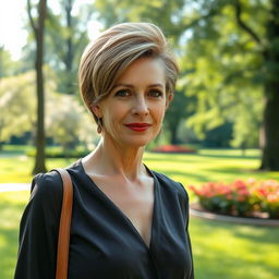 A sexy Russian woman aged 45-50 with a chic and fashionable hairstyle that enhances her features