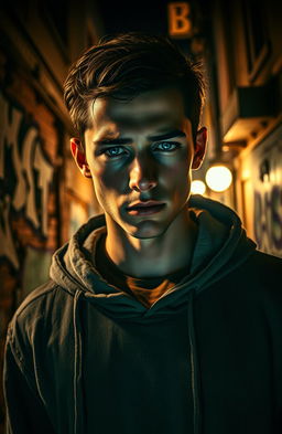 A cinematic scene depicting a brooding young man with striking blue eyes and a tattered hoodie, standing in an urban alleyway at night, illuminated by the glowing neon lights