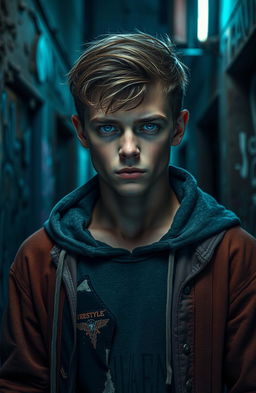 A cinematic scene depicting a brooding young man with striking blue eyes and a tattered hoodie, standing in an urban alleyway at night, illuminated by the glowing neon lights