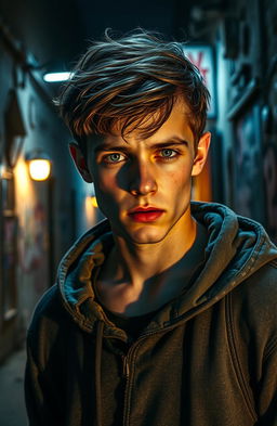 A cinematic scene depicting a brooding young man with striking blue eyes and a tattered hoodie, standing in an urban alleyway at night, illuminated by the glowing neon lights