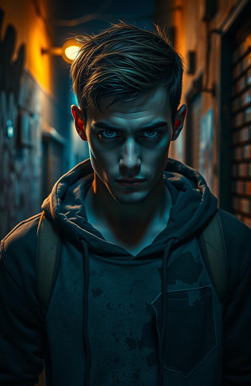 A cinematic scene depicting a brooding young man with striking blue eyes and a tattered hoodie, standing in an urban alleyway at night, illuminated by the glowing neon lights