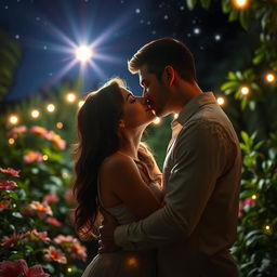 A romantic scene of a couple passionately kissing under a starry night sky, surrounded by a soft glow of fairy lights in a lush garden