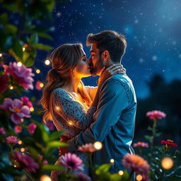 A romantic scene of a couple passionately kissing under a starry night sky, surrounded by a soft glow of fairy lights in a lush garden
