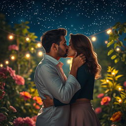 A romantic scene of a couple passionately kissing under a starry night sky, surrounded by a soft glow of fairy lights in a lush garden