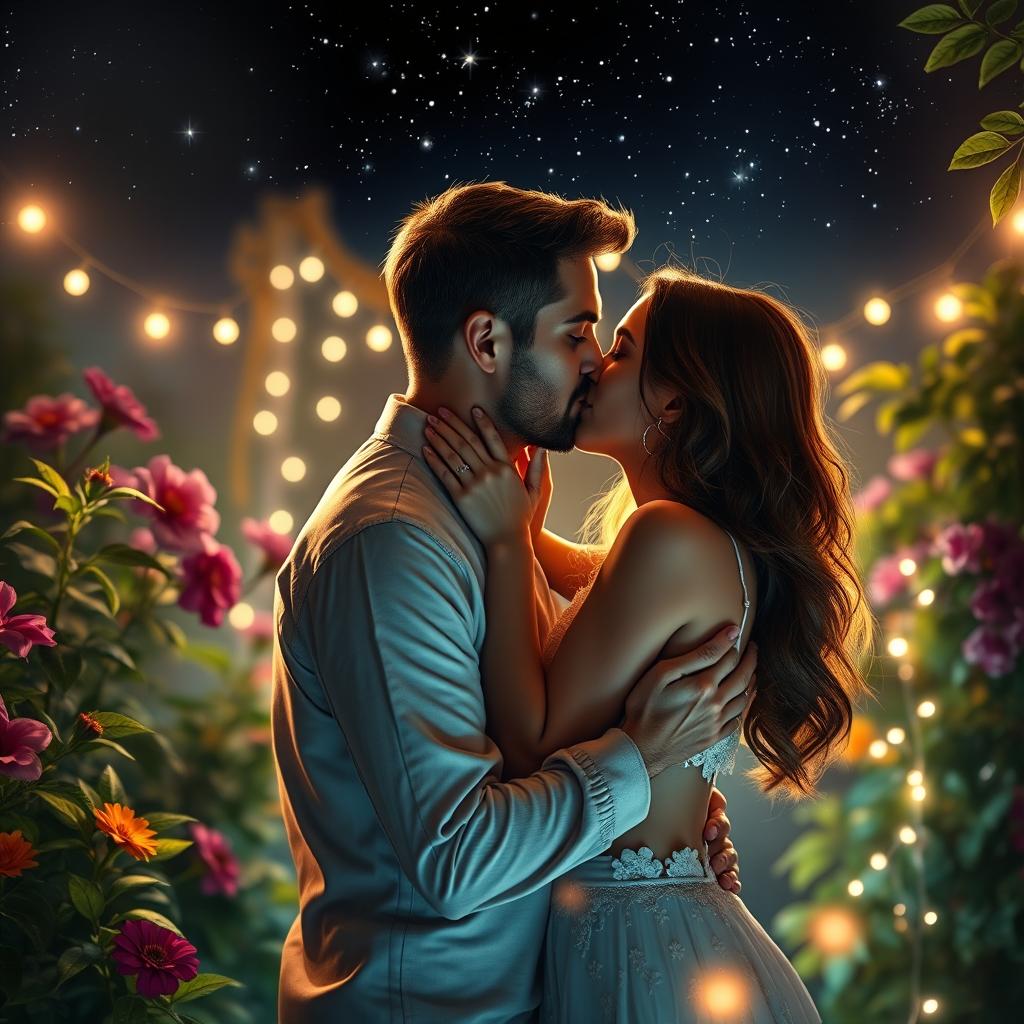 A romantic scene of a couple passionately kissing under a starry night sky, surrounded by a soft glow of fairy lights in a lush garden