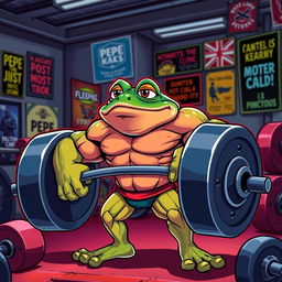 A muscular version of Pepe the Frog, often used as a meme character, lifting a large barbell
