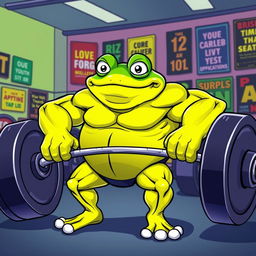 A muscular version of Pepe the Frog, often used as a meme character, lifting a large barbell