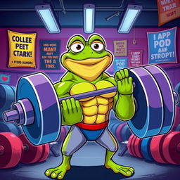 A muscular version of Pepe the Frog, often used as a meme character, lifting a large barbell