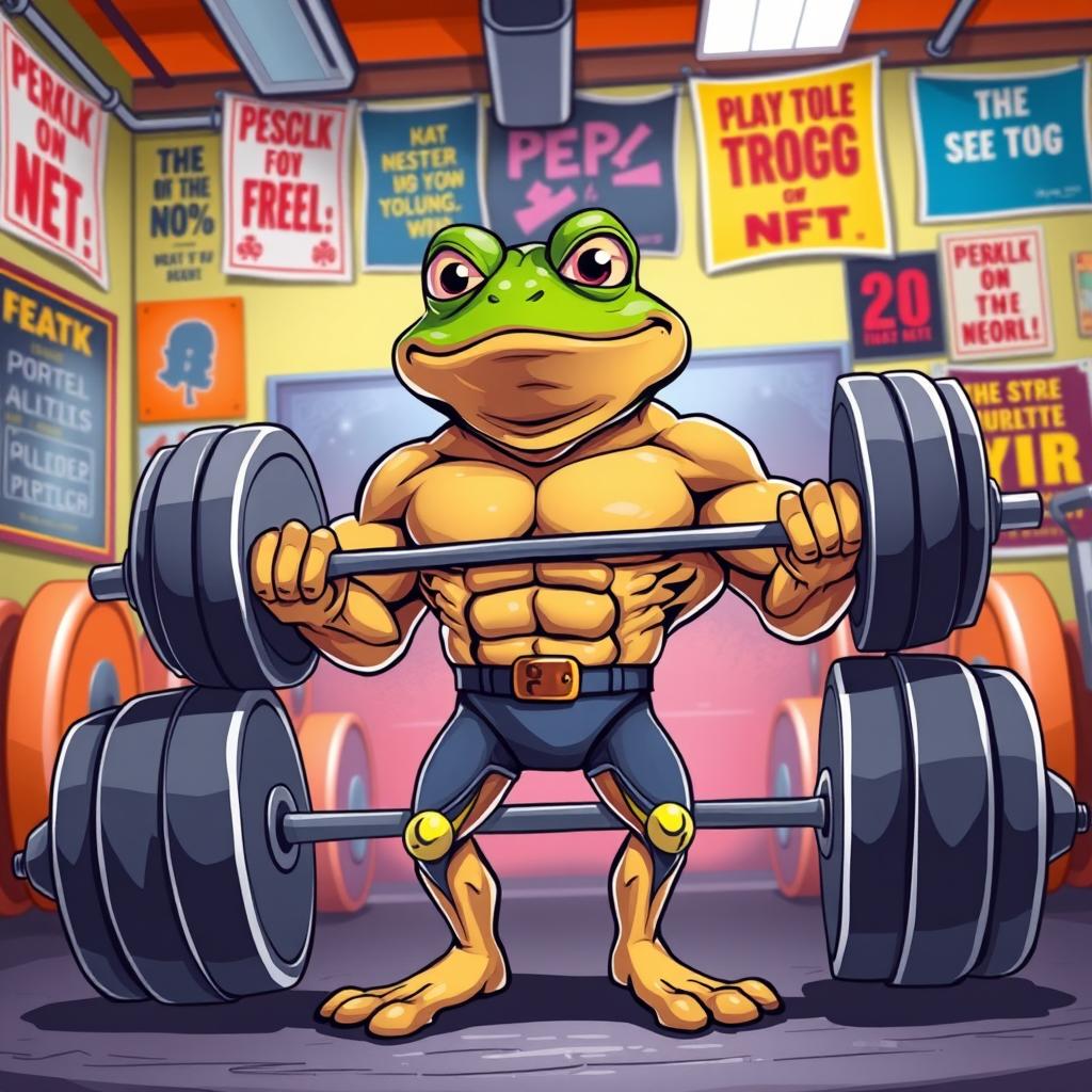 A muscular version of Pepe the Frog, often used as a meme character, lifting a large barbell