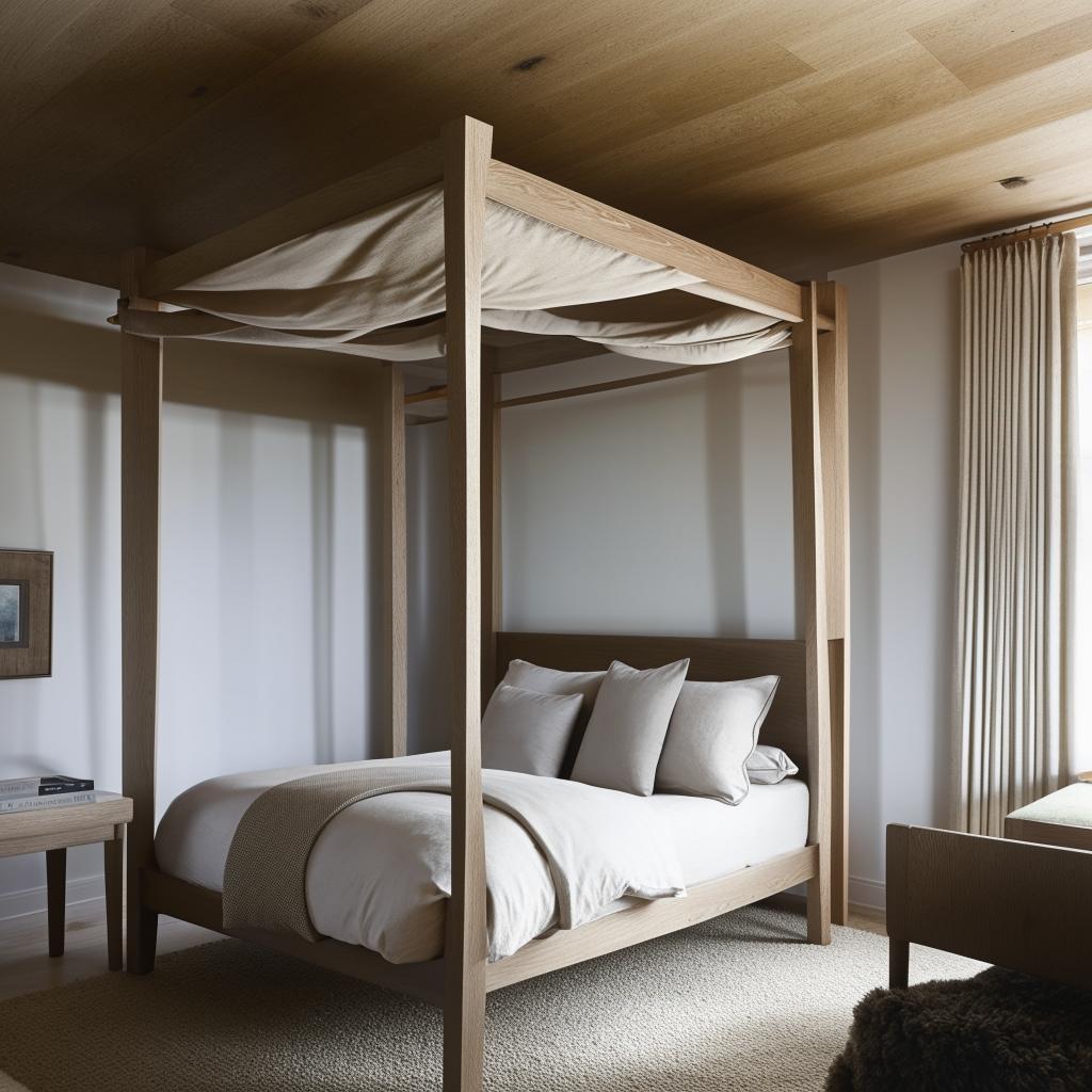 A modern English styled bedroom for men, featuring sleek oak furniture, a minimalist four-poster bed, contemporary decor, and a refined, sophisticated color palette.