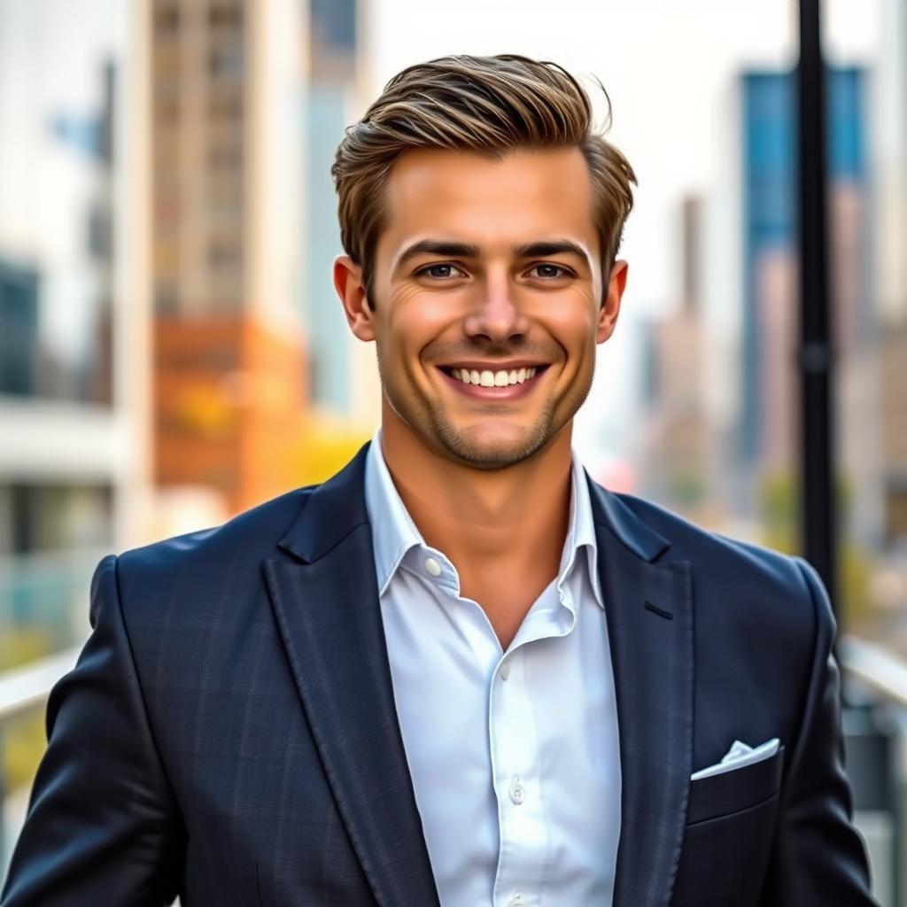 A portrait of a smartly dressed man in a well-tailored suit, standing confidently in a stylish urban setting