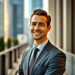 A portrait of a smartly dressed man in a well-tailored suit, standing confidently in a stylish urban setting