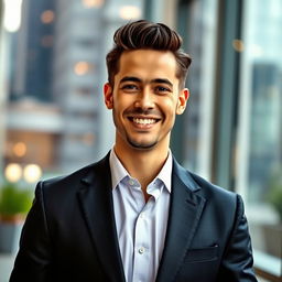 A portrait of a smartly dressed man in a well-tailored suit, standing confidently in a stylish urban setting