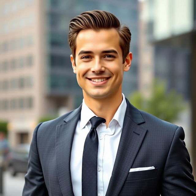 A portrait of a smartly dressed man in a well-tailored suit, standing confidently in a stylish urban setting