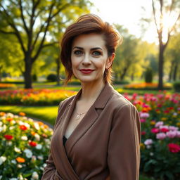 A sexy Russian woman aged 45-50 with a trendy and sophisticated hairstyle that enhances her beauty
