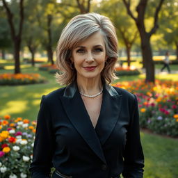 A sexy Russian woman aged 45-50 with a trendy and sophisticated hairstyle that enhances her beauty